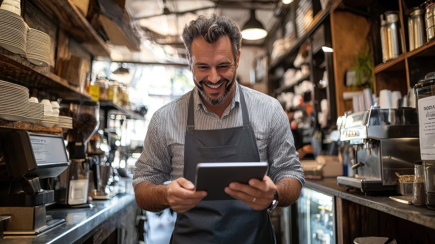 Coffee shop, happy man on tablet for online menu, checking stock
